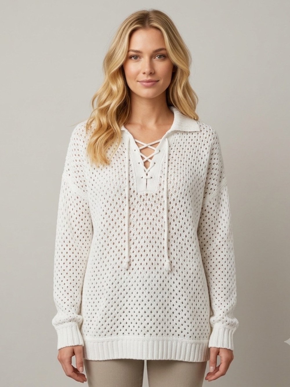 Cyrus Boho White Open Knit Lace Up Crochet Pullover Sweater Size Medium